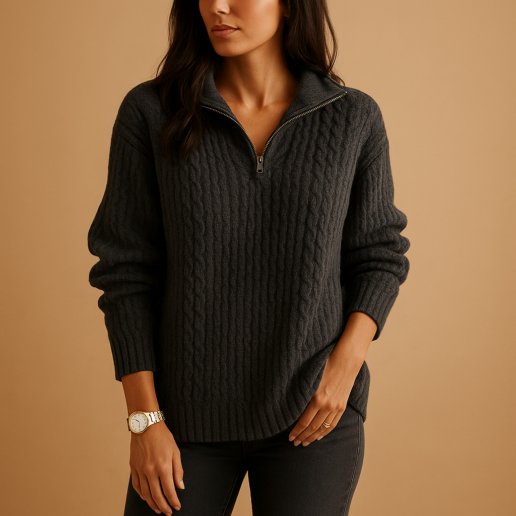 Stylowy sweter damski z pól zamkiem i wygodnym krojem | Elise