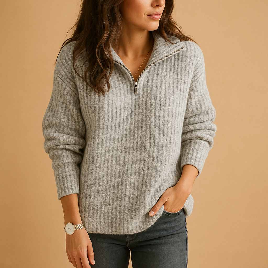 Stylowy sweter damski z pól zamkiem i wygodnym krojem | Elise